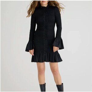 J.CREW Smocked Button Up Mini Dress Size Large Black Organic Cotton Ruffle NWT